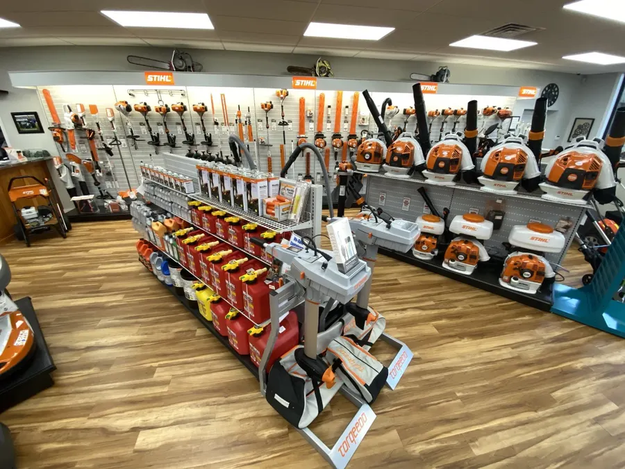 Stihl and power equipment displays in the Bourne showroom